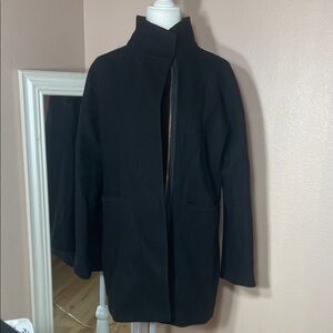 J.Crew Wool Blend Black Coat Sz 8 Gold Zip Funnel Neck Minimalist Classic
